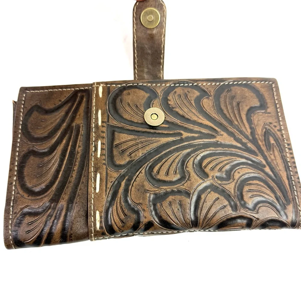 Leaders In Leather Wallet Handmade Tooled Wildflower‎ Design Brown Brand New